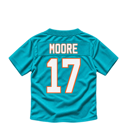 Miami Dolphins jersey keychain — Trey Moore #17. Exact saved player artwork preview.