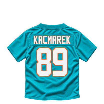 Miami Dolphins jersey keychain — Will Kacmarek #89. Exact saved player artwork preview.