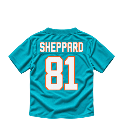 Miami Dolphins jersey keychain — Will Sheppard #81. Exact saved player artwork preview.