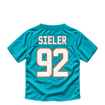 Miami Dolphins jersey keychain — Zach Sieler #92. Exact saved player artwork preview.