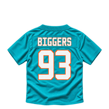 Miami Dolphins jersey keychain — Zeek Biggers #93. Exact saved player artwork preview.