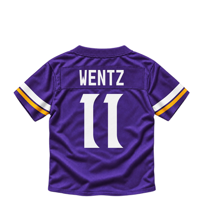 Minnesota Vikings jersey keychain — Carson Wentz #11. Exact saved player artwork preview.