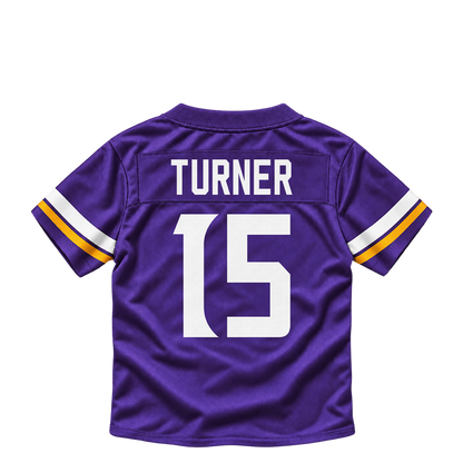 Minnesota Vikings jersey keychain — Dallas Turner #15. Exact saved player artwork preview.