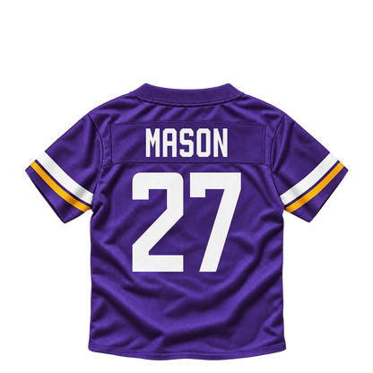 Minnesota Vikings jersey keychain — Jordan Mason #27. Exact saved player artwork preview.