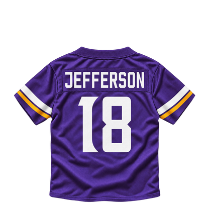 Minnesota Vikings jersey keychain — Justin Jefferson #18. Exact saved player artwork preview.