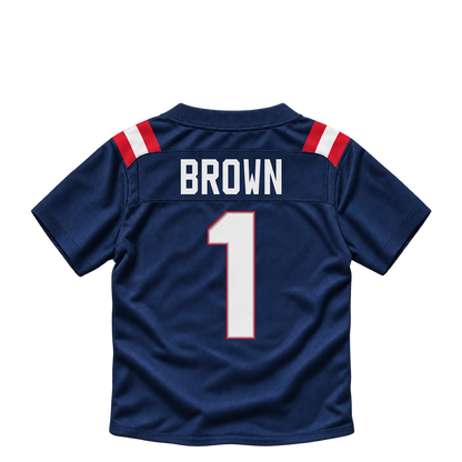 New England Patriots jersey keychain — A.J. Brown #1. Exact saved player artwork preview.