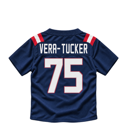 New England Patriots jersey keychain — Alijah Vera-Tucker #75. Exact saved player artwork preview.