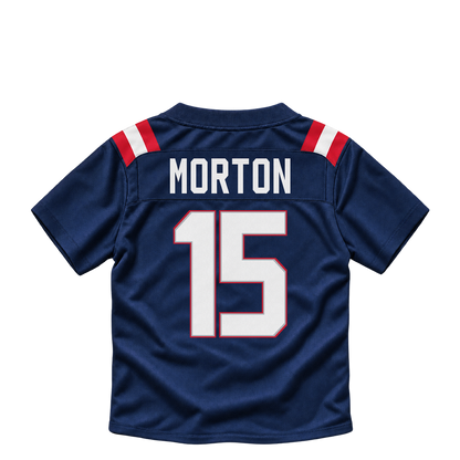 New England Patriots jersey keychain — Behren Morton #15. Exact saved player artwork preview.