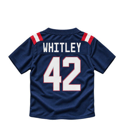 New England Patriots jersey keychain — Benton Whitley #42. Exact saved player artwork preview.