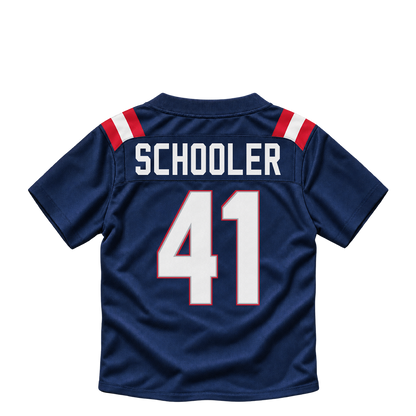 New England Patriots jersey keychain — Brenden Schooler #41. Exact saved player artwork preview.