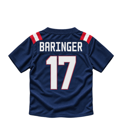 New England Patriots jersey keychain — Bryce Baringer #17. Exact saved player artwork preview.