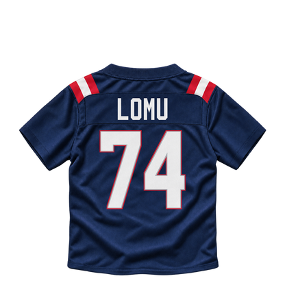 New England Patriots jersey keychain — Caleb Lomu #74. Exact saved player artwork preview.
