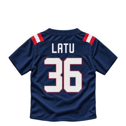 New England Patriots jersey keychain — Cameron Latu #36. Exact saved player artwork preview.