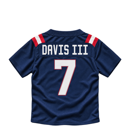 New England Patriots jersey keychain — Carlton Davis III #7. Exact saved player artwork preview.