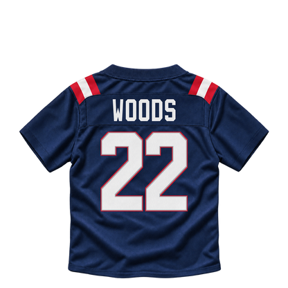 New England Patriots jersey keychain — Charles Woods #22. Exact saved player artwork preview.
