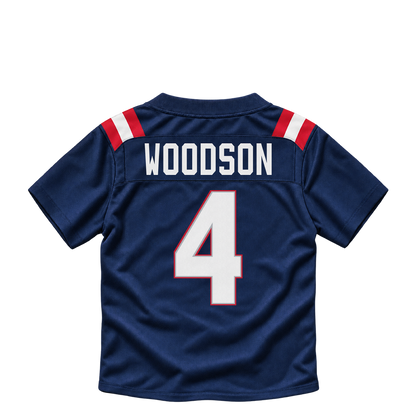 New England Patriots jersey keychain — Craig Woodson #4. Exact saved player artwork preview.