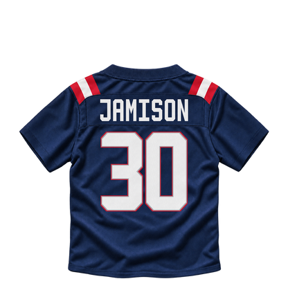 New England Patriots jersey keychain — D'Shawn Jamison #30. Exact saved player artwork preview.