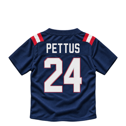 New England Patriots jersey keychain — Dell Pettus #24. Exact saved player artwork preview.