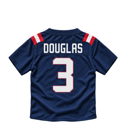New England Patriots jersey keychain — DeMario Douglas #3. Exact saved player artwork preview.
