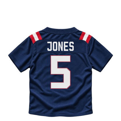 New England Patriots jersey keychain — Dre'Mont Jones #5. Exact saved player artwork preview.
