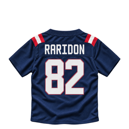 New England Patriots jersey keychain — Eli Raridon #82. Exact saved player artwork preview.