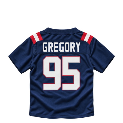 New England Patriots jersey keychain — Eric Gregory #95. Exact saved player artwork preview.
