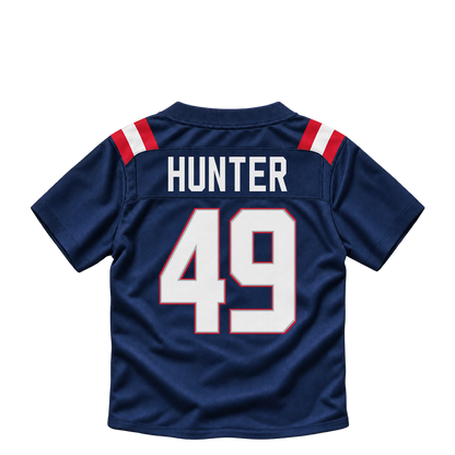 New England Patriots jersey keychain — Erick Hunter #49. Exact saved player artwork preview.