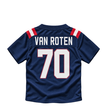 New England Patriots jersey keychain — Greg Van Roten #70. Exact saved player artwork preview.