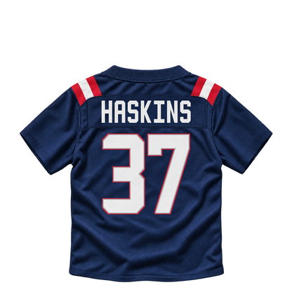 New England Patriots jersey keychain — Hassan Haskins #37. Exact saved player artwork preview.