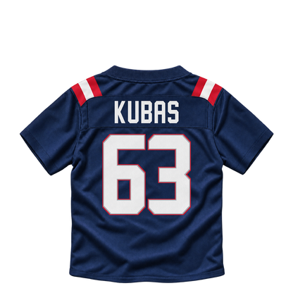 New England Patriots jersey keychain — Jake Kubas #63. Exact saved player artwork preview.