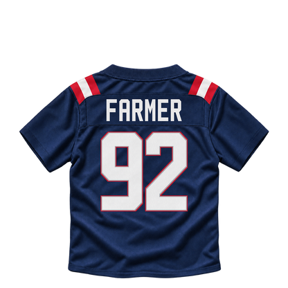 New England Patriots jersey keychain — Joshua Farmer #92. Exact saved player artwork preview.