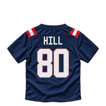 New England Patriots jersey keychain — Julian Hill #80. Exact saved player artwork preview.