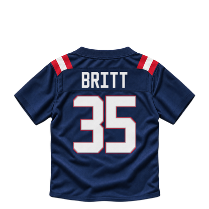New England Patriots jersey keychain — K.J. Britt #35. Exact saved player artwork preview.