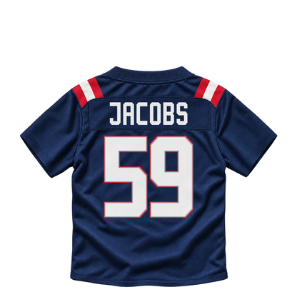 New England Patriots jersey keychain — Khalil Jacobs #59. Exact saved player artwork preview.