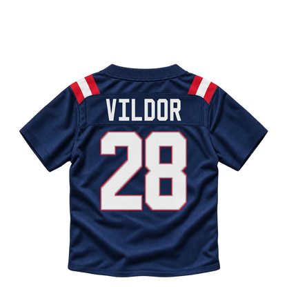 New England Patriots jersey keychain — Kindle Vildor #28. Exact saved player artwork preview.
