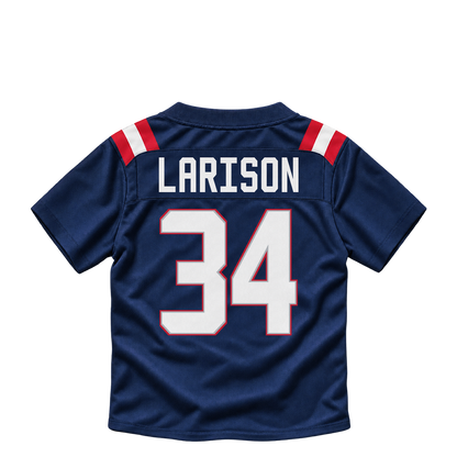 New England Patriots jersey keychain — Lan Larison #34. Exact saved player artwork preview.