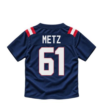 New England Patriots jersey keychain — Lorenz Metz #61. Exact saved player artwork preview.