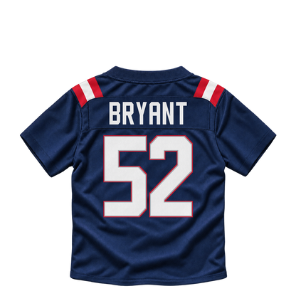 New England Patriots jersey keychain — Marcus Bryant #52. Exact saved player artwork preview.