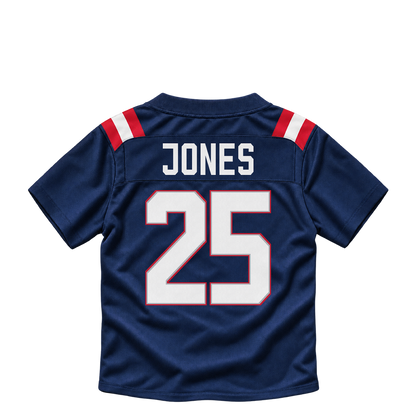 New England Patriots jersey keychain — Marcus Jones #25. Exact saved player artwork preview.