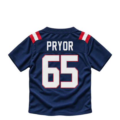 New England Patriots jersey keychain — Matt Pryor #65. Exact saved player artwork preview.