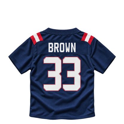 New England Patriots jersey keychain — Mike Brown #33. Exact saved player artwork preview.