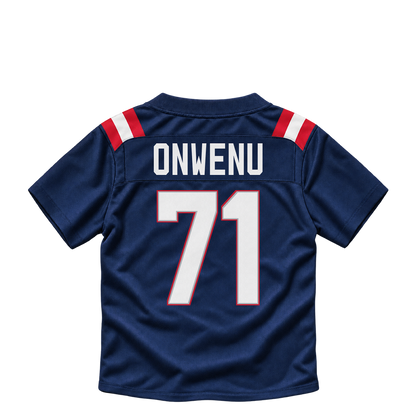 New England Patriots jersey keychain — Mike Onwenu #71. Exact saved player artwork preview.
