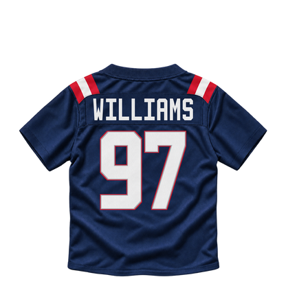 New England Patriots jersey keychain — Milton Williams #97. Exact saved player artwork preview.
