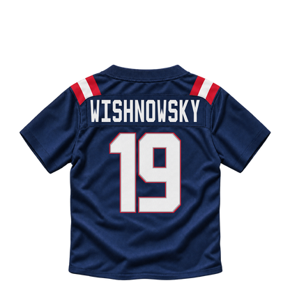 New England Patriots jersey keychain — Mitch Wishnowsky #19. Exact saved player artwork preview.