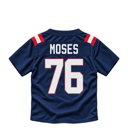 New England Patriots jersey keychain — Morgan Moses #76. Exact saved player artwork preview.