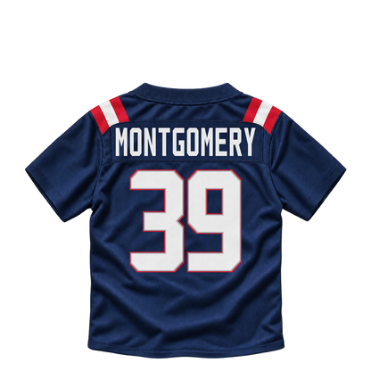 New England Patriots jersey keychain — Myles Montgomery #39. Exact saved player artwork preview.