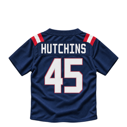 New England Patriots jersey keychain — Quintayvious Hutchins #45. Exact saved player artwork preview.