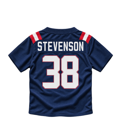 New England Patriots jersey keychain — Rhamondre Stevenson #38. Exact saved player artwork preview.
