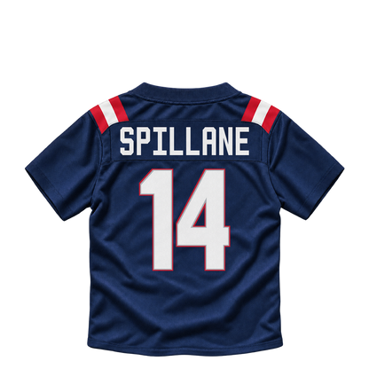 New England Patriots jersey keychain — Robert Spillane #14. Exact saved player artwork preview.