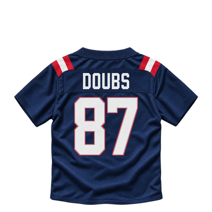 New England Patriots jersey keychain — Romeo Doubs #87. Exact saved player artwork preview.